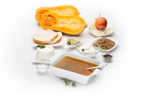 Butternut squash Cucurbita moschata with various ingredients isolated on whit Stock Photos
