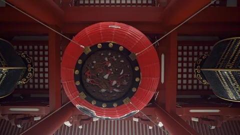 Buttom up view of giant red lantern in the Kaminarimon gate located in the Stock Footage 112372353