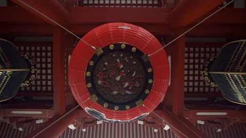 Buttom up view of giant red lantern in the Kaminarimon gate located in the Stock Footage 117450713