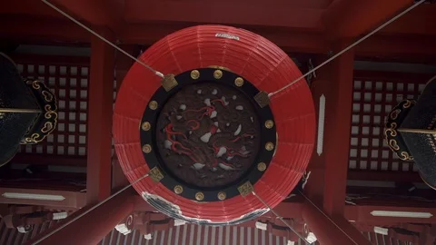 Buttom up view of giant red lantern in the Kaminarimon gate located in the Stock Footage 124351877