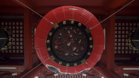Buttom up view of giant red lantern in the Kaminarimon gate located in the Stock Footage 127474957