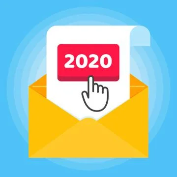 The button 2020 with arrow cursor pointer in the letter envelope. Stock Illustration