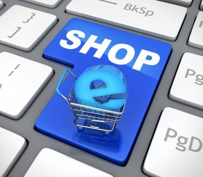 Button blue e-shop and cart. 3d illustration 스톡 일러스트