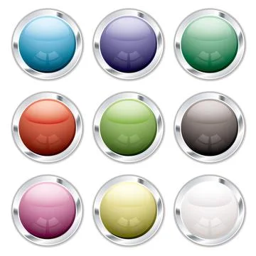 Button candid silver Collection of nine round icons with silver bevel and ... Stockfoto's