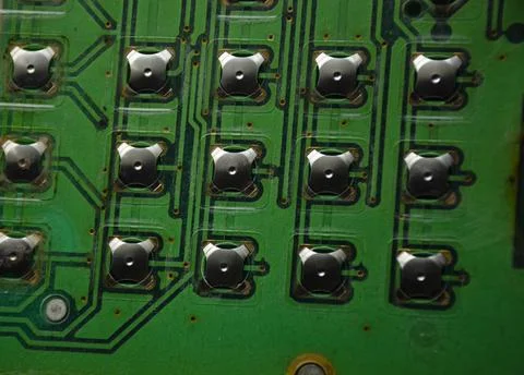 Button circular contact pads of a printed circuit board underside. Electronic Stock Photos