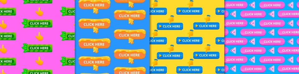 Button click here seamless pattern. Red background with green rectangle and hand Stockillustratie