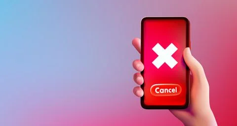 Button to confirm the cancel in the phone, the hand holds the device. Vector Stock Illustration
