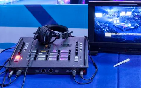 Button on the control panel television equipment. Stock Photos