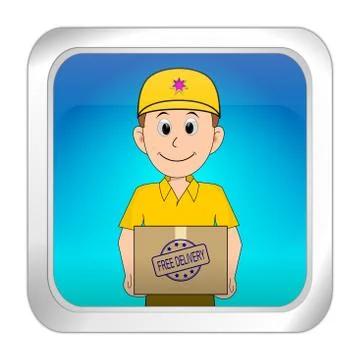 Button with friendly Courier delivering a parcel  - 3D illustration Stock Illustration