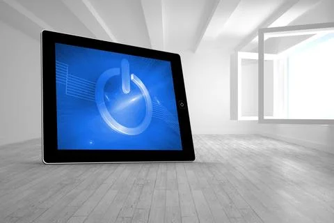 On button graphic on abstract screen in room Stock Photos