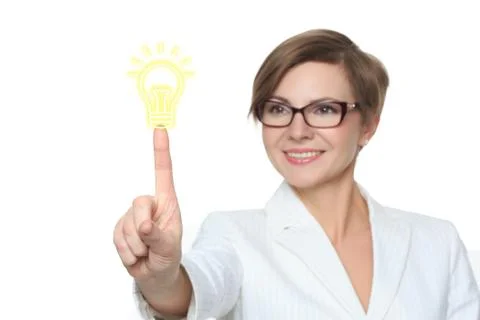 Button idea bulb business web icon. businesswoman 스톡 사진