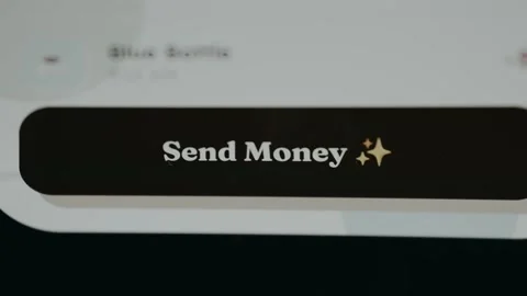 Button labeled Send Money from a financial app, person initiates a transfer Stock Footage 331576015