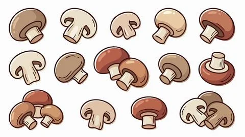 Button Mushroom Illustration Set in Different Shapes and Colors Stock Illustration
