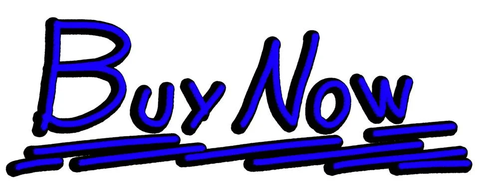 Button with the phrase Buy Now hand-drawn in blue. Illustration. PNG and JP.. Stock Illustration