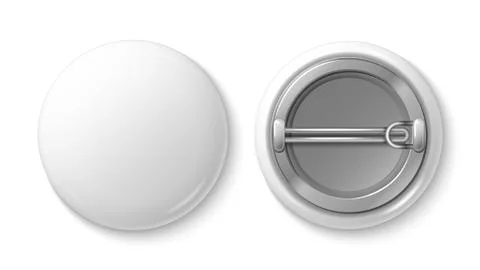 Button pin badge. White blank badge mockup. Realistic vector 3d pin button Stock Illustration