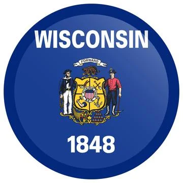 Button Round Vector Flag of Wisconsin, USA, Isolated on White Background Stock Illustration