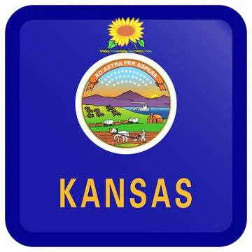 Button Square Vector Flag of Kansas, USA, Isolated on Transparent Background Stock Illustration