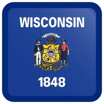 Button Square Vector Flag of Wisconsin, USA, Isolated on White Background Stock Illustration