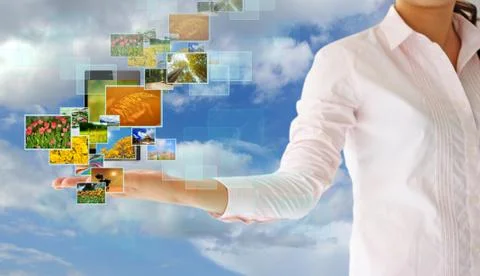 Button streaming multimedia in hand  on blue sky Stock Illustration