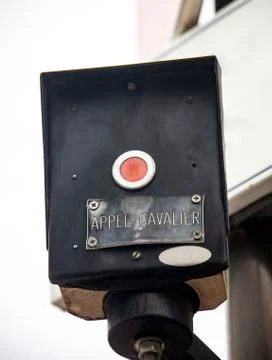 Button for turning on the traffic light for crossing the horse riders road at Stock Photos