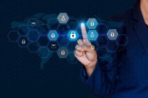 Button on virtual screen pressed with finger Global network security world ma Foto stock