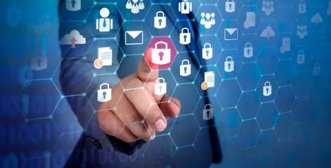 Button on virtual screen pressed with finger Global network security world ma Stock Photos