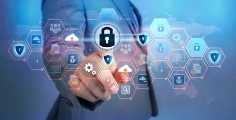 Button on virtual screen pressed with finger Global network security world ma Stock Photos