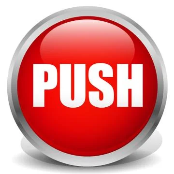 Button with word "PUSH" with thick metallic frame (Red push button) Illustrazione stock