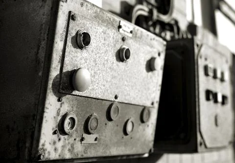 Buttons on a control panel of a machine on a building in Magdeburg harbour Fotos de archivo