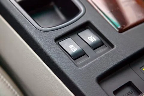 The buttons of the course control system are black and with white signs close Foto stock