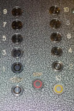 Buttons in the elevator car, numbers from 1 to 10 dashboard 스톡 사진