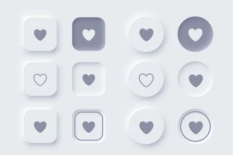 Buttons hearts square or round shapes Neomorphism UI design Stock Illustration