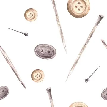 Buttons, Knitting needles, hooks, sewing pins. Watercolor seamless pattern Stock Illustration