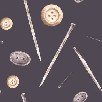 Buttons, Knitting needles, hooks, sewing pins. Watercolor seamless pattern Stock Illustration