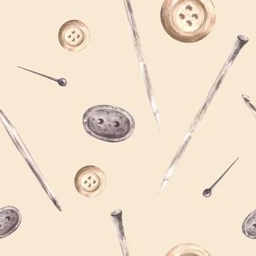 Buttons, Knitting needles, hooks, sewing pins. Watercolor seamless pattern Illustrazione stock