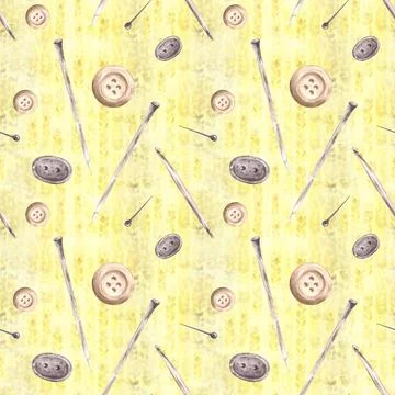 Buttons, knitting needles, hooks, sewing pins seamless pattern. Watercolor hand Stock Illustration