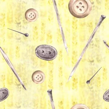 Buttons, knitting needles, hooks, sewing pins seamless pattern. Watercolor hand Stock Illustration