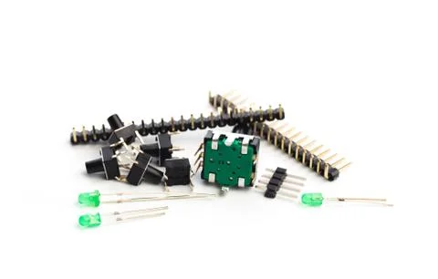 Buttons, led, encoder and connectors isolated on white - Image Photos