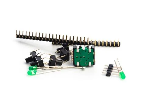 Buttons, led, encoder and connectors isolated on white - Image Photos