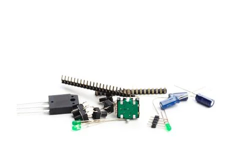 Buttons, led, encoder and connectors isolated on white - Image Foto stock