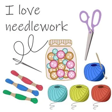 Buttons, scissors and threads for needlework. I love needlework Stock Illustration