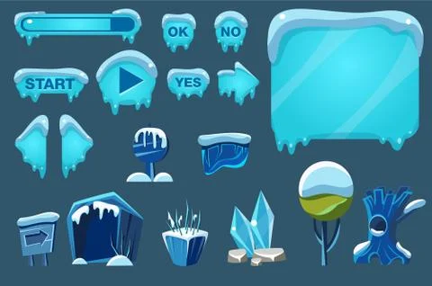 Buttons with snow set, game user interface with control and landscape elements Stock Illustration