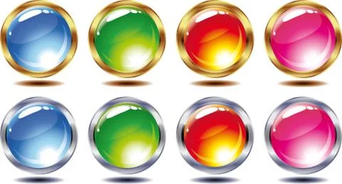 Buttons. transparent shining buttons in silver and gold frame isolated on a w Stock Illustration