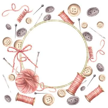 Buttons, yarn ball with knitting needles, thread spool circle golden frame Illustrazione stock