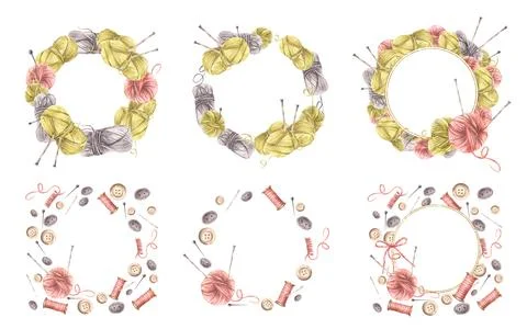 Buttons, yarn ball with knitting needles, thread spool and sewing pins circ.. Stock Illustration