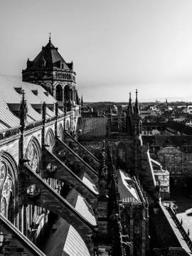 Buttresses and other Gothic elements of the tallest cathedral, Strasbourg. 库存照片
