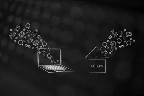 Buy and return concept with laptop and return parcel, customer rights when .. 스톡 일러스트