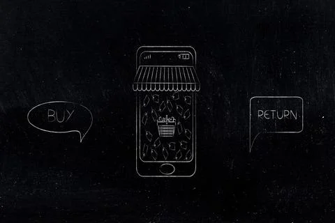 Buy and return text next to smartphone with store front on it, marketing an.. Stock Illustration