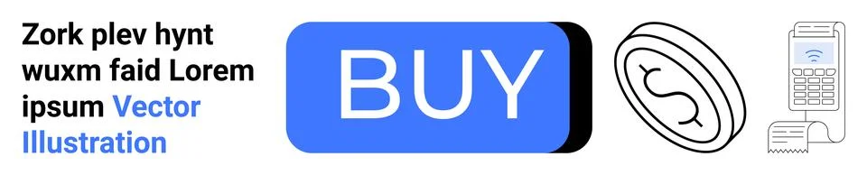Buy button in blue rectangular shape. Coin with dollar symbol and POS machine Stock Illustration