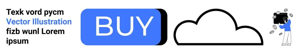 Buy Button, Cloud Icon, and Abstract Figure Engaging with Digital Content 스톡 일러스트